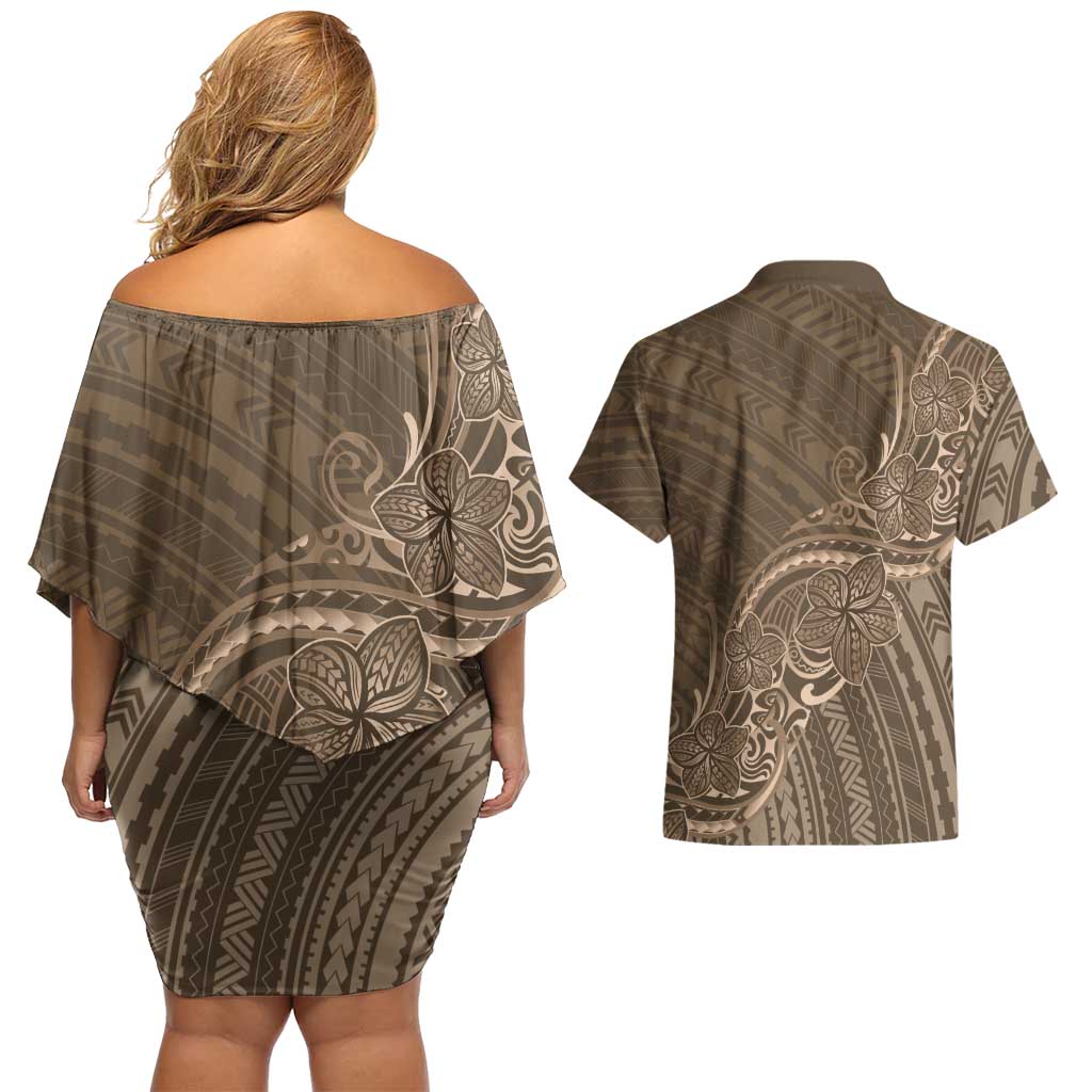 Brown Polynesia Plumeria Tattoo Couples Matching Off Shoulder Short Dress and Hawaiian Shirt LT14 - Polynesian Pride