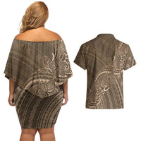Brown Polynesia Plumeria Tattoo Couples Matching Off Shoulder Short Dress and Hawaiian Shirt LT14 - Polynesian Pride
