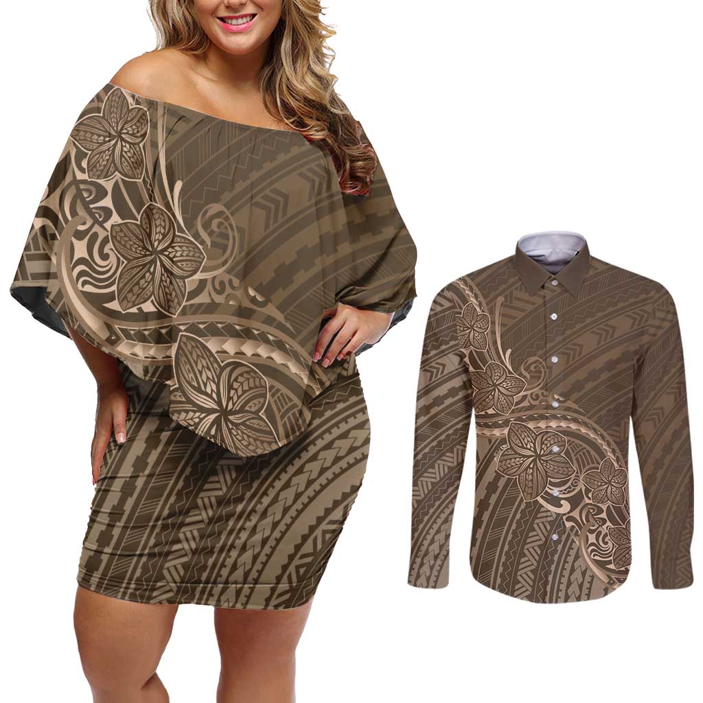 Brown Polynesia Plumeria Tattoo Couples Matching Off Shoulder Short Dress and Long Sleeve Button Shirt LT14 Brown - Polynesian Pride