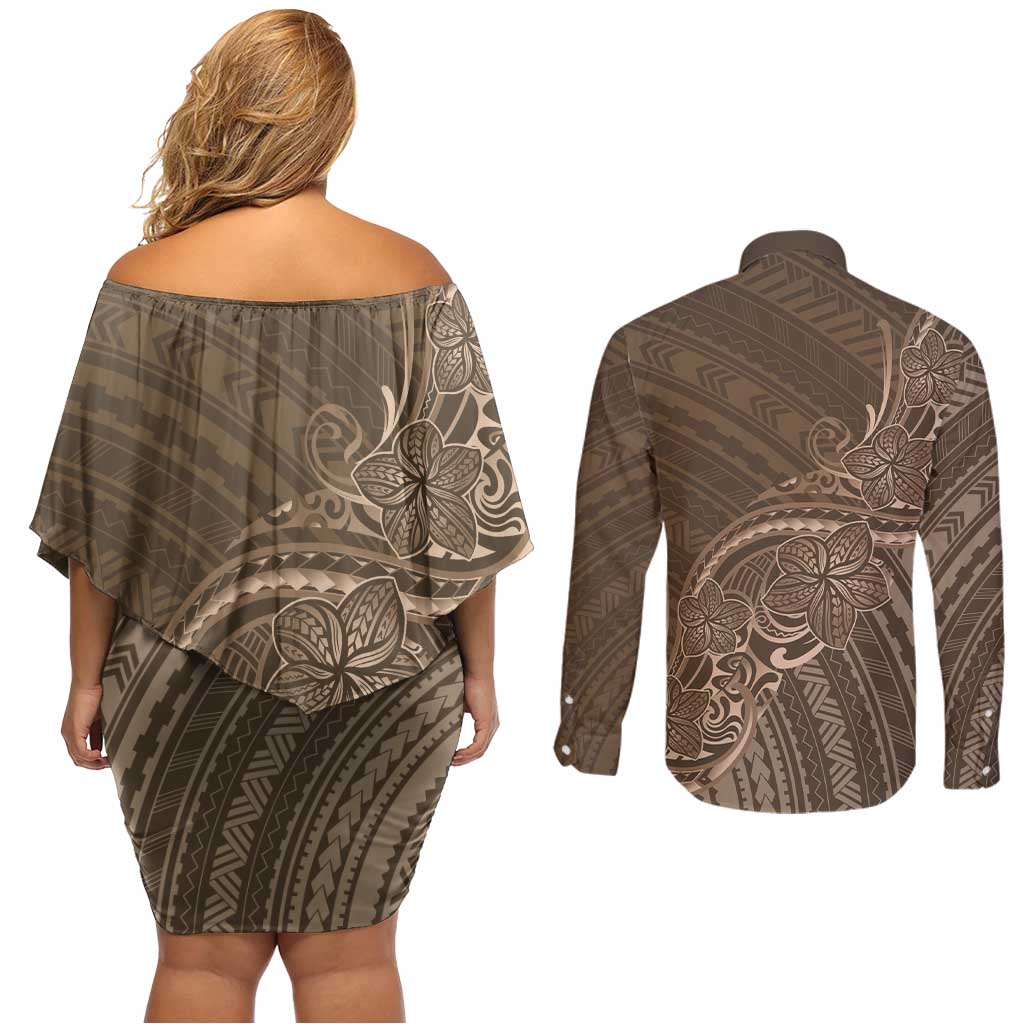 Brown Polynesia Plumeria Tattoo Couples Matching Off Shoulder Short Dress and Long Sleeve Button Shirt LT14 - Polynesian Pride