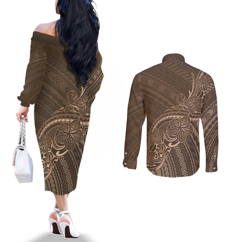 Brown Polynesia Plumeria Tattoo Couples Matching Off The Shoulder Long Sleeve Dress and Long Sleeve Button Shirt LT14 - Polynesian Pride