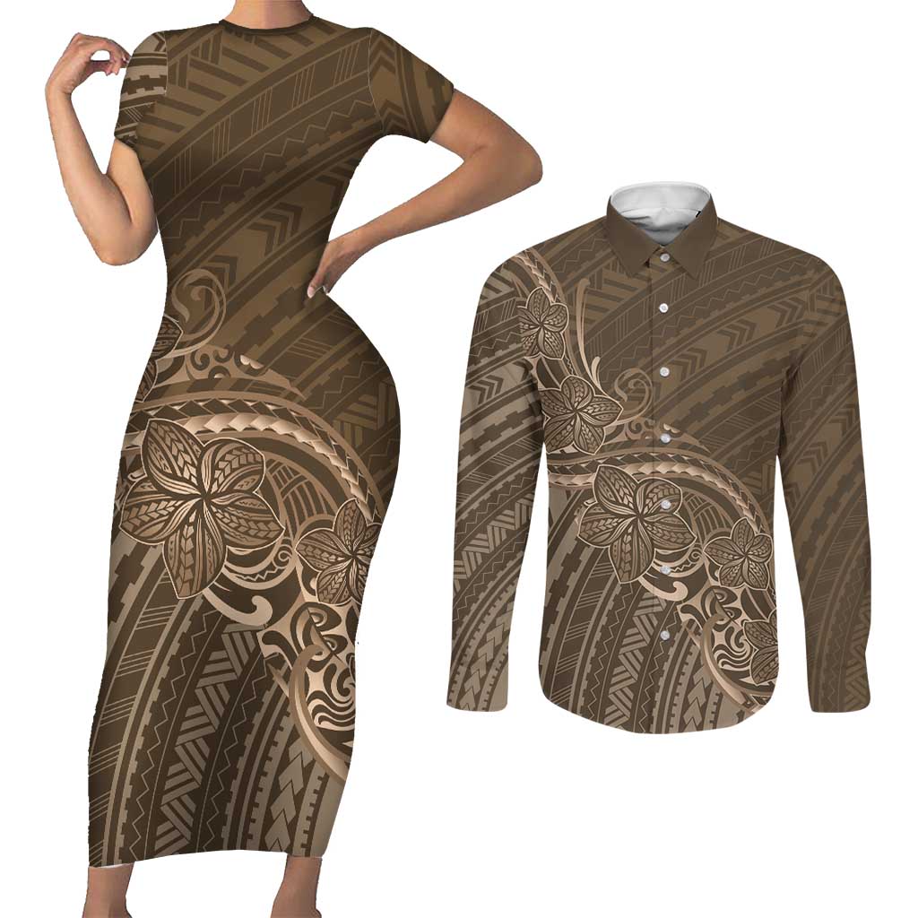Brown Polynesia Plumeria Tattoo Couples Matching Short Sleeve Bodycon Dress and Long Sleeve Button Shirt LT14 Brown - Polynesian Pride