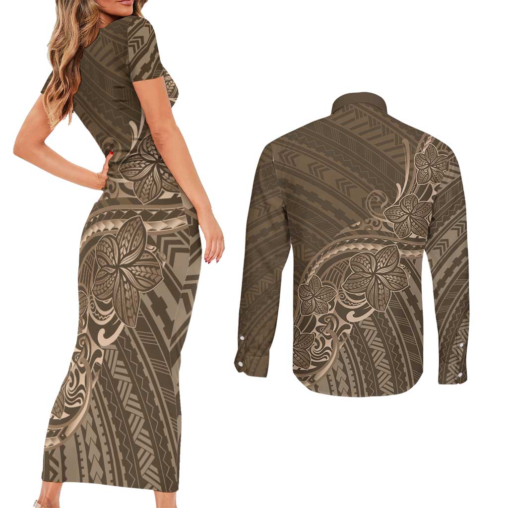 Brown Polynesia Plumeria Tattoo Couples Matching Short Sleeve Bodycon Dress and Long Sleeve Button Shirt LT14 - Polynesian Pride