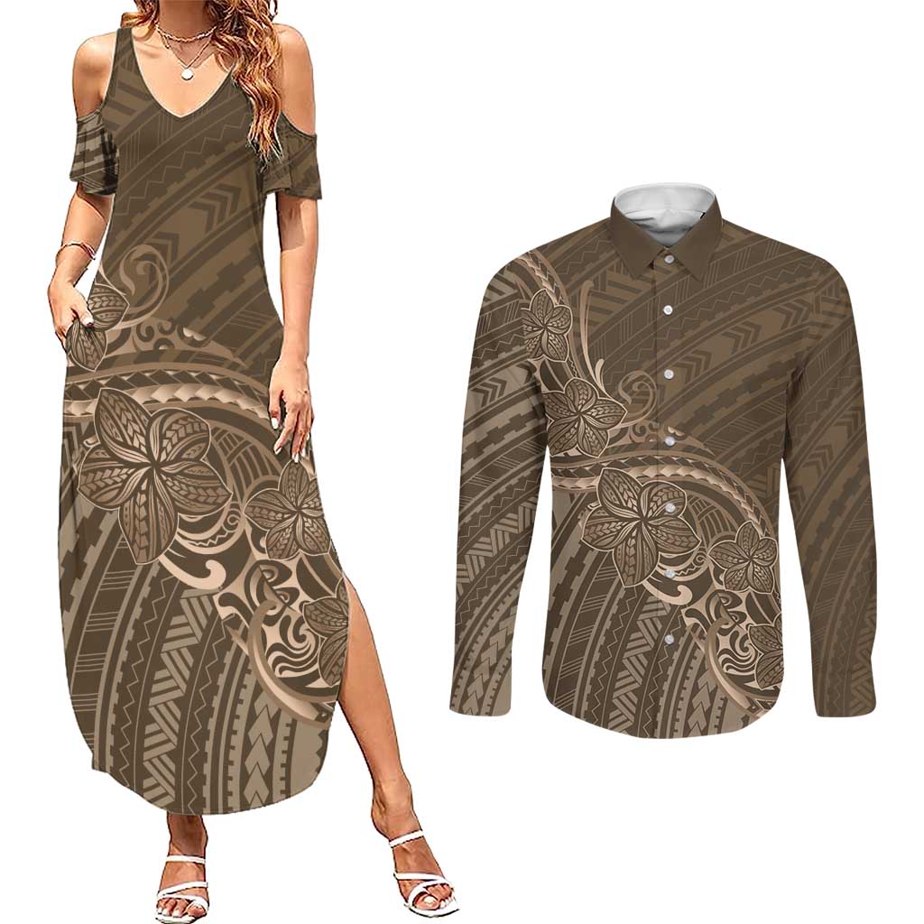 Brown Polynesia Plumeria Tattoo Couples Matching Summer Maxi Dress and Long Sleeve Button Shirt LT14 Brown - Polynesian Pride