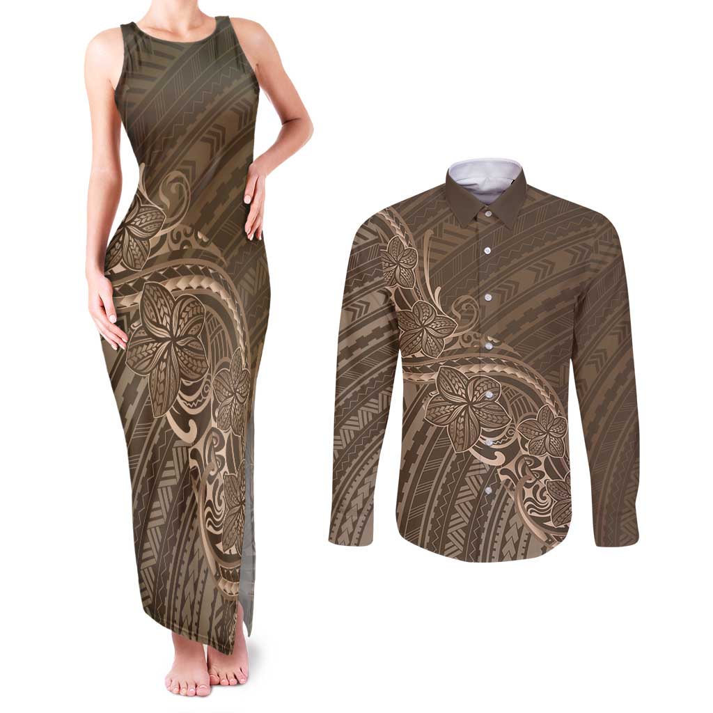 Brown Polynesia Plumeria Tattoo Couples Matching Tank Maxi Dress and Long Sleeve Button Shirt LT14 Brown - Polynesian Pride