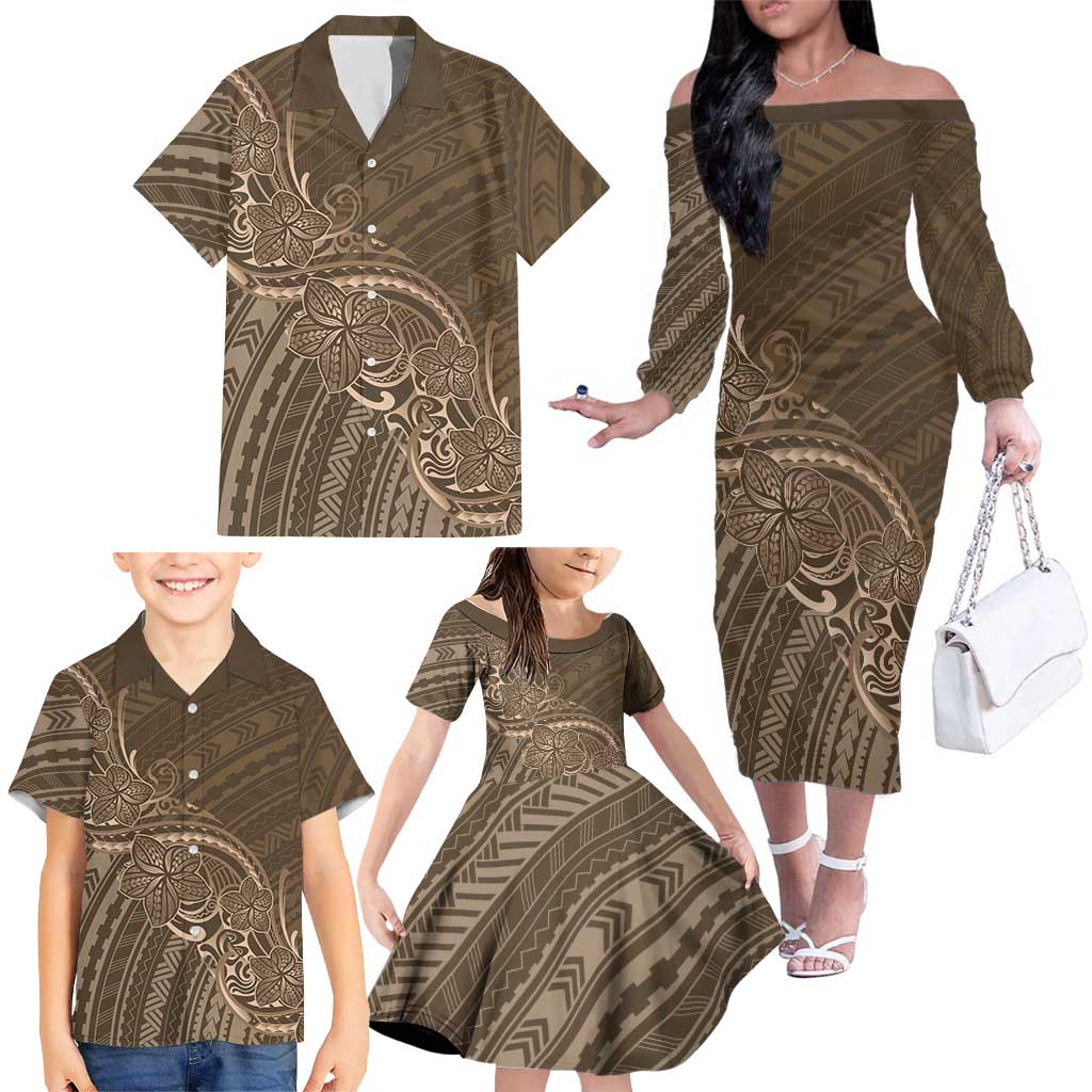Brown Polynesia Plumeria Tattoo Family Matching Off The Shoulder Long Sleeve Dress and Hawaiian Shirt LT14 - Polynesian Pride