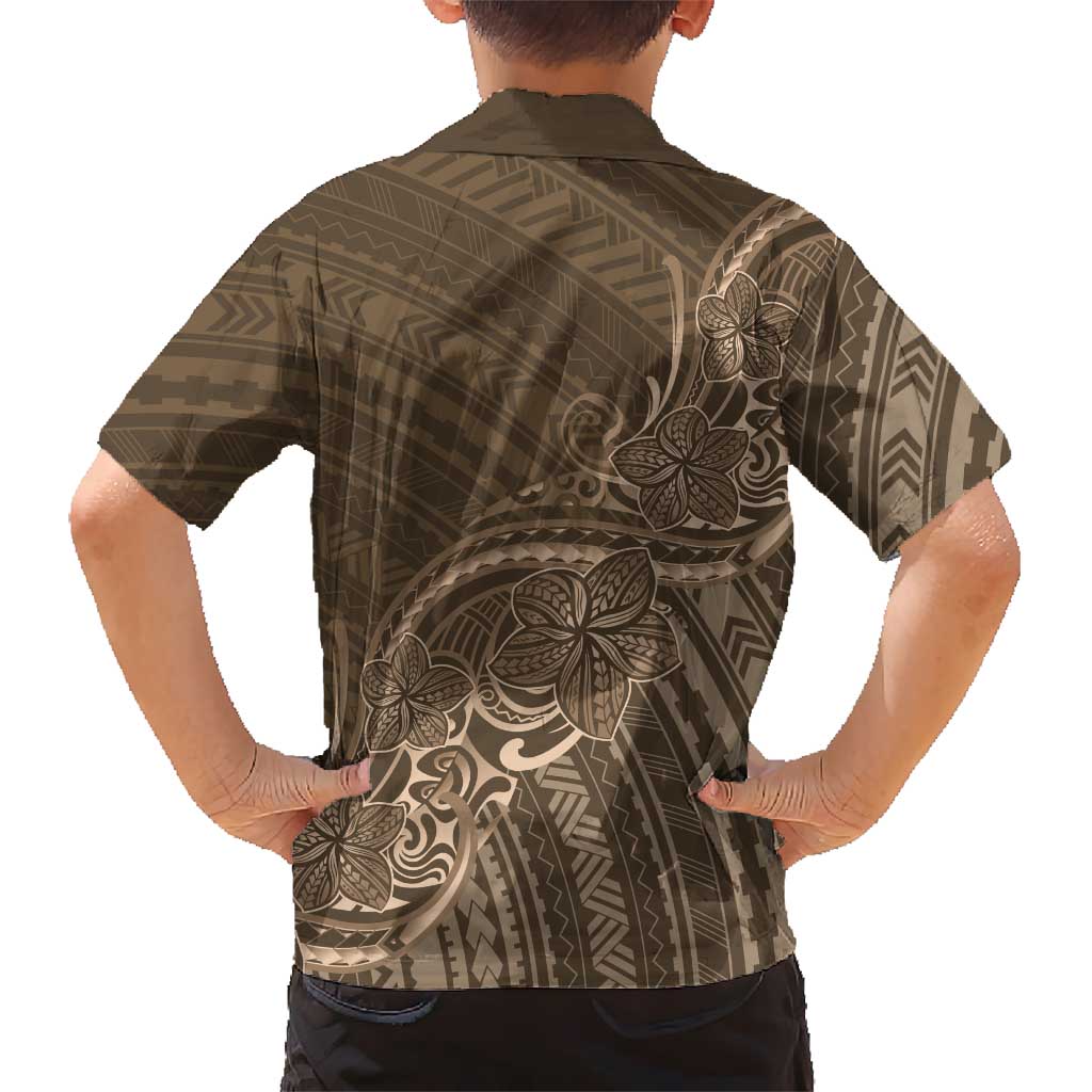 Brown Polynesia Plumeria Tattoo Family Matching Off Shoulder Short Dress and Hawaiian Shirt