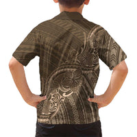 Brown Polynesia Plumeria Tattoo Family Matching Off Shoulder Short Dress and Hawaiian Shirt