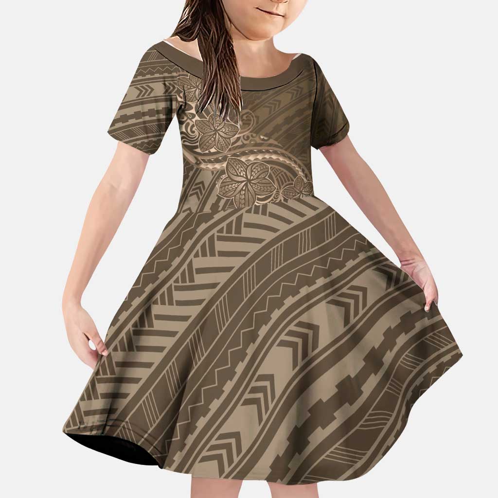 Brown Polynesia Plumeria Tattoo Family Matching Off Shoulder Short Dress and Hawaiian Shirt