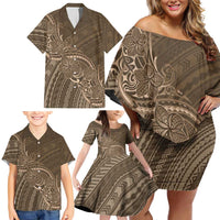 Brown Polynesia Plumeria Tattoo Family Matching Off Shoulder Short Dress and Hawaiian Shirt