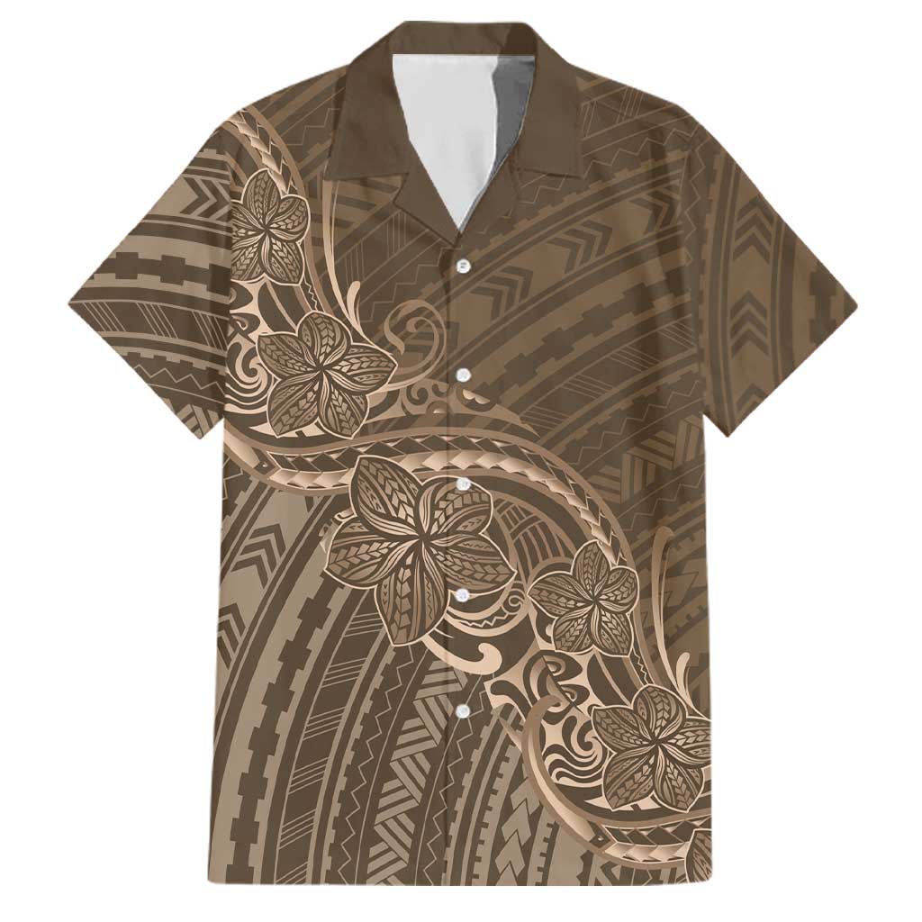 Brown Polynesia Plumeria Tattoo Family Matching Off Shoulder Short Dress and Hawaiian Shirt