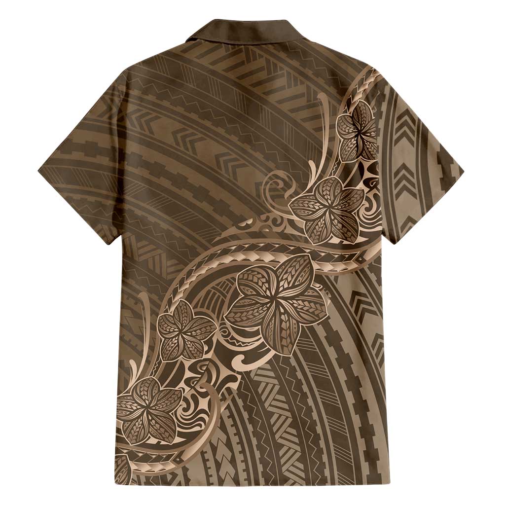 Brown Polynesia Plumeria Tattoo Family Matching Off Shoulder Short Dress and Hawaiian Shirt