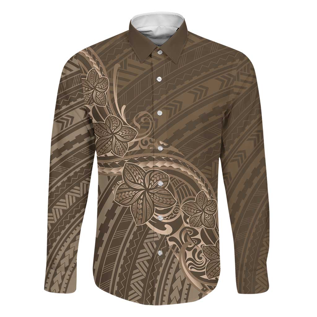 Brown Polynesia Plumeria Tattoo Family Matching Off Shoulder Short Dress and Hawaiian Shirt