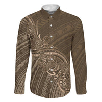 Brown Polynesia Plumeria Tattoo Family Matching Off Shoulder Short Dress and Hawaiian Shirt