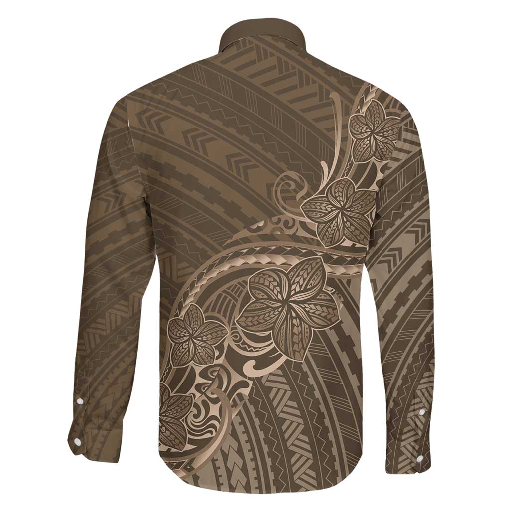Brown Polynesia Plumeria Tattoo Family Matching Off Shoulder Short Dress and Hawaiian Shirt