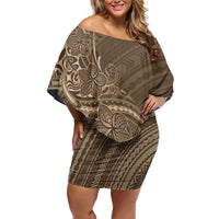 Brown Polynesia Plumeria Tattoo Family Matching Off Shoulder Short Dress and Hawaiian Shirt
