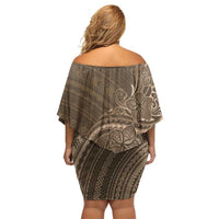 Brown Polynesia Plumeria Tattoo Family Matching Off Shoulder Short Dress and Hawaiian Shirt