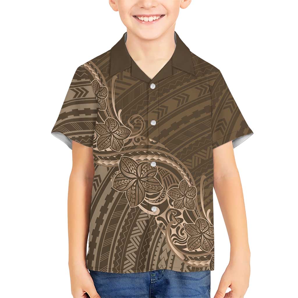 Brown Polynesia Plumeria Tattoo Family Matching Off Shoulder Short Dress and Hawaiian Shirt