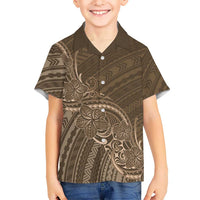 Brown Polynesia Plumeria Tattoo Family Matching Off Shoulder Short Dress and Hawaiian Shirt
