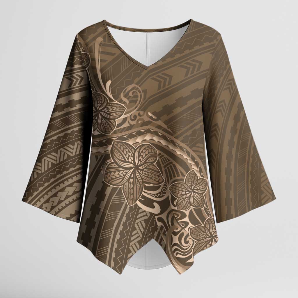 Brown Polynesia Plumeria Tattoo Kimono Sleeve Blouse