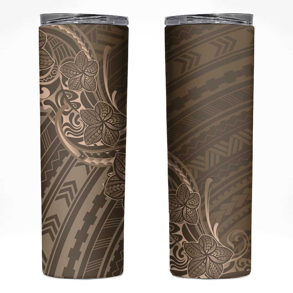 Brown Polynesia Plumeria Tattoo Skinny Tumbler