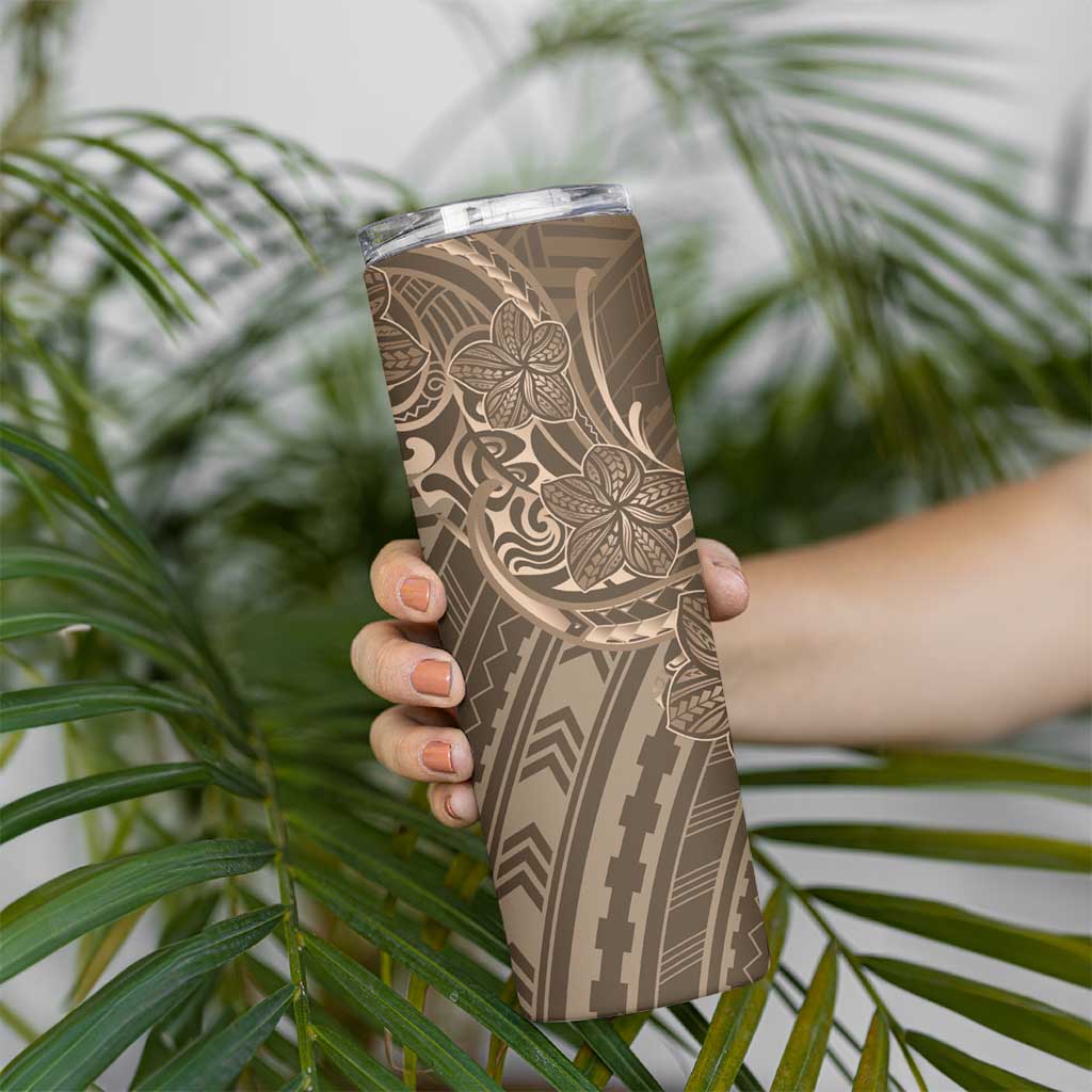 Brown Polynesia Plumeria Tattoo Skinny Tumbler