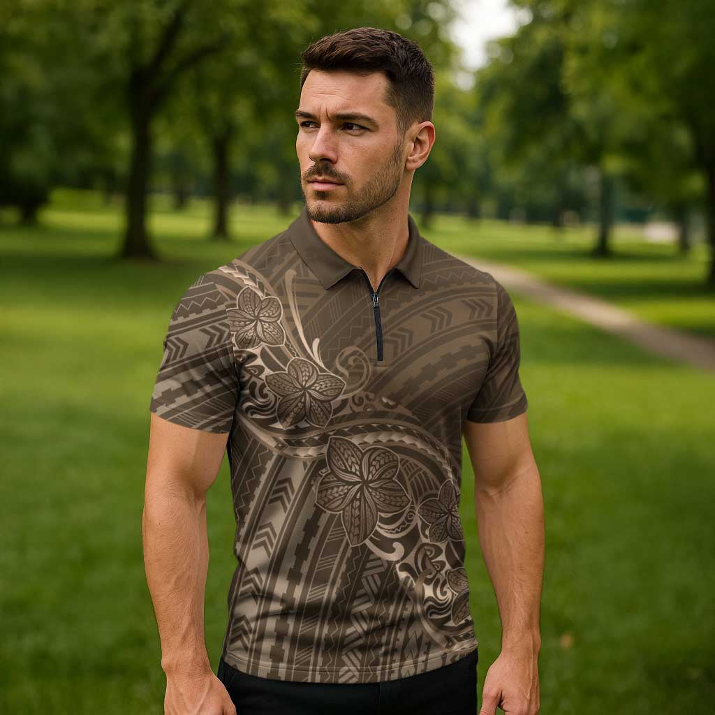 Brown Polynesia Plumeria Tattoo Zipper Polo Shirt LT14 - Polynesian Pride