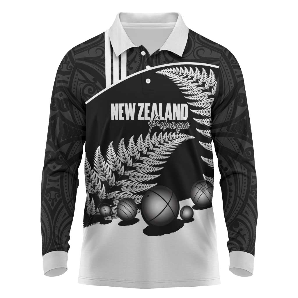 Custom New Zealand Silver Fern Petanque Long Sleeve Polo Shirt Aotearoa Maori Pattern LT14 Black - Polynesian Pride