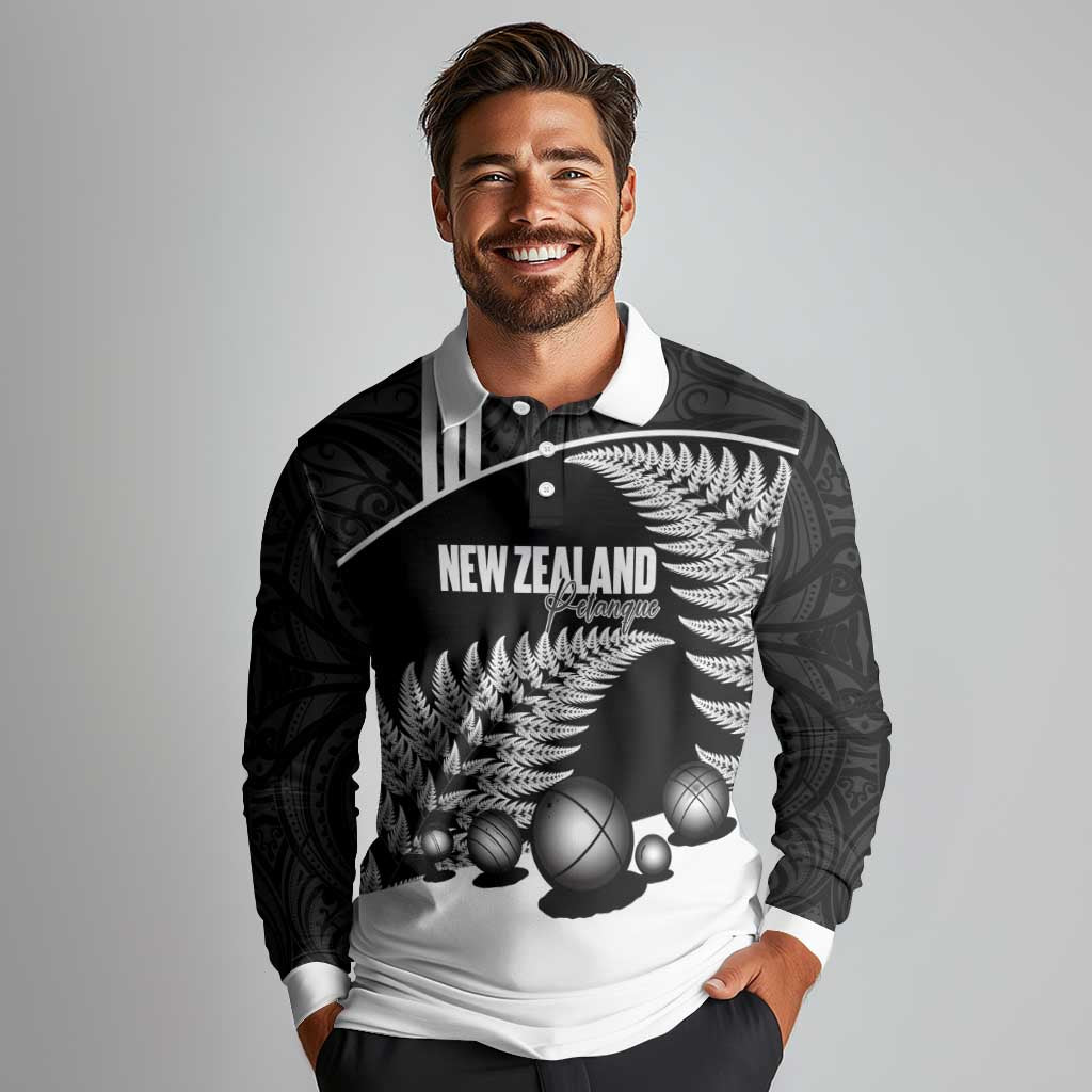 Custom New Zealand Silver Fern Petanque Long Sleeve Polo Shirt Aotearoa Maori Pattern LT14 - Polynesian Pride