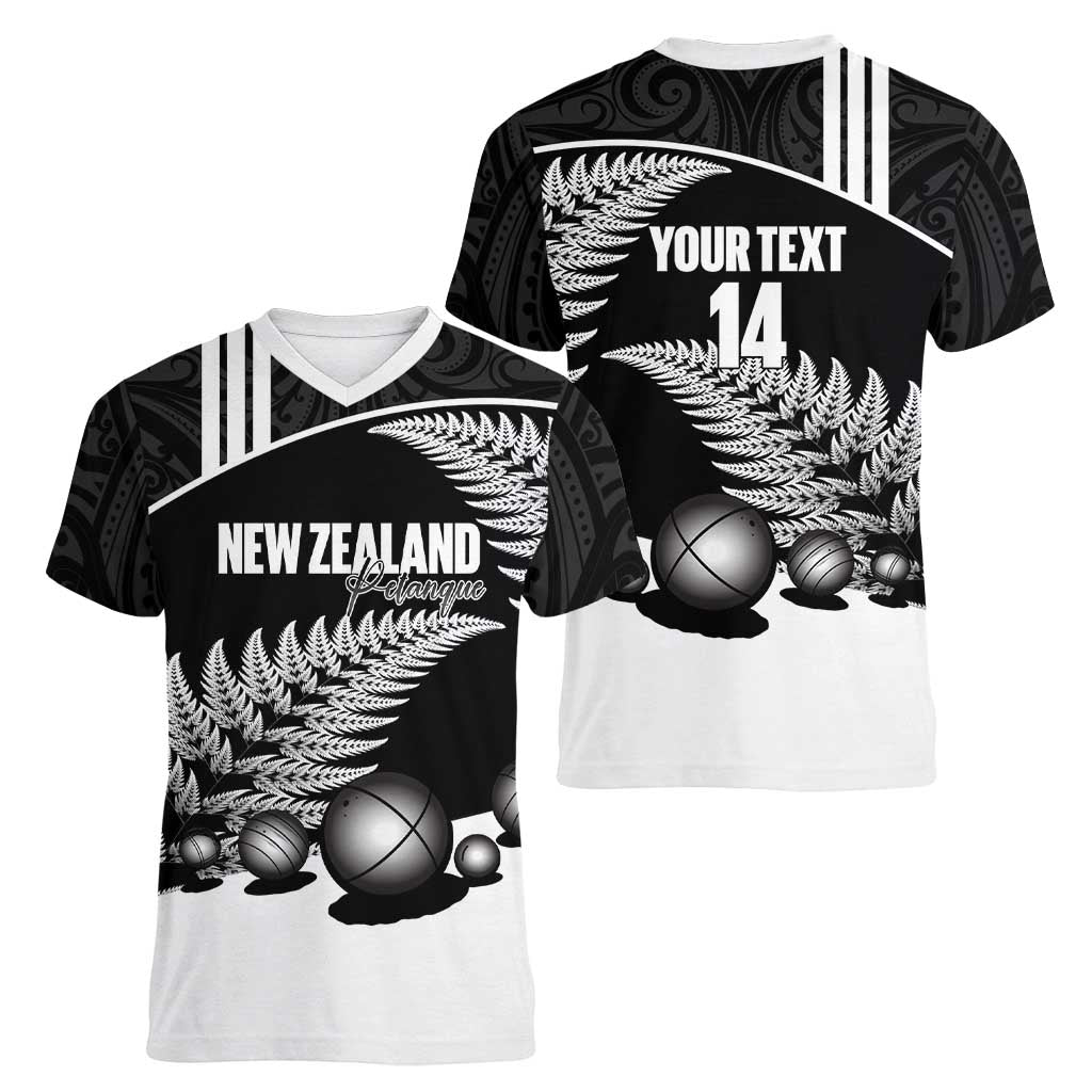 Custom New Zealand Silver Fern Petanque Women V-Neck T-Shirt Aotearoa Maori Pattern