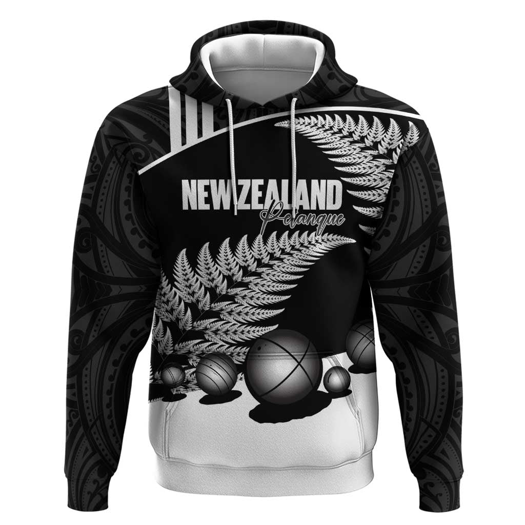 Custom New Zealand Silver Fern Petanque Zip Hoodie Aotearoa Maori Pattern LT14 Pullover Hoodie Black - Polynesian Pride