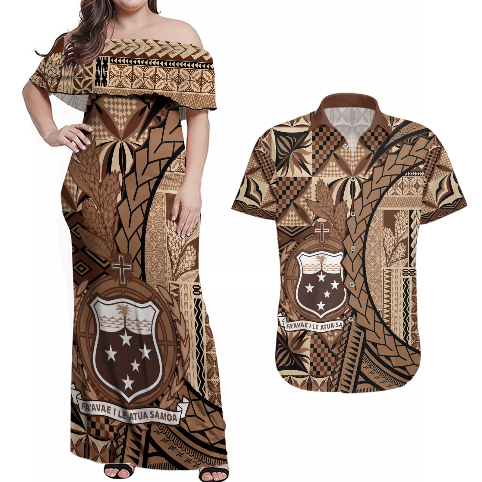 Samoa Siapo Couples Matching Off Shoulder Maxi Dress and Hawaiian Shirt Happy Independence Day Vintage Vibes LT14 Brown - Polynesian Pride