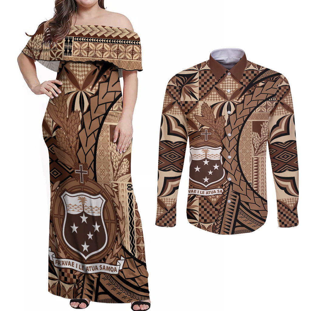 Samoa Siapo Couples Matching Off Shoulder Maxi Dress and Long Sleeve Button Shirt Happy Independence Day Vintage Vibes LT14 Brown - Polynesian Pride