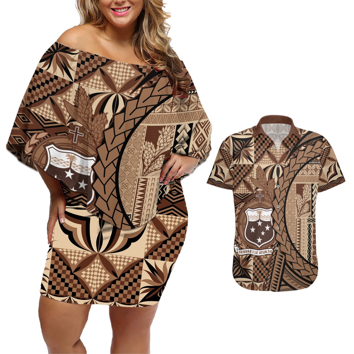 Samoa Siapo Couples Matching Off Shoulder Short Dress and Hawaiian Shirt Happy Independence Day Vintage Vibes LT14 Brown - Polynesian Pride