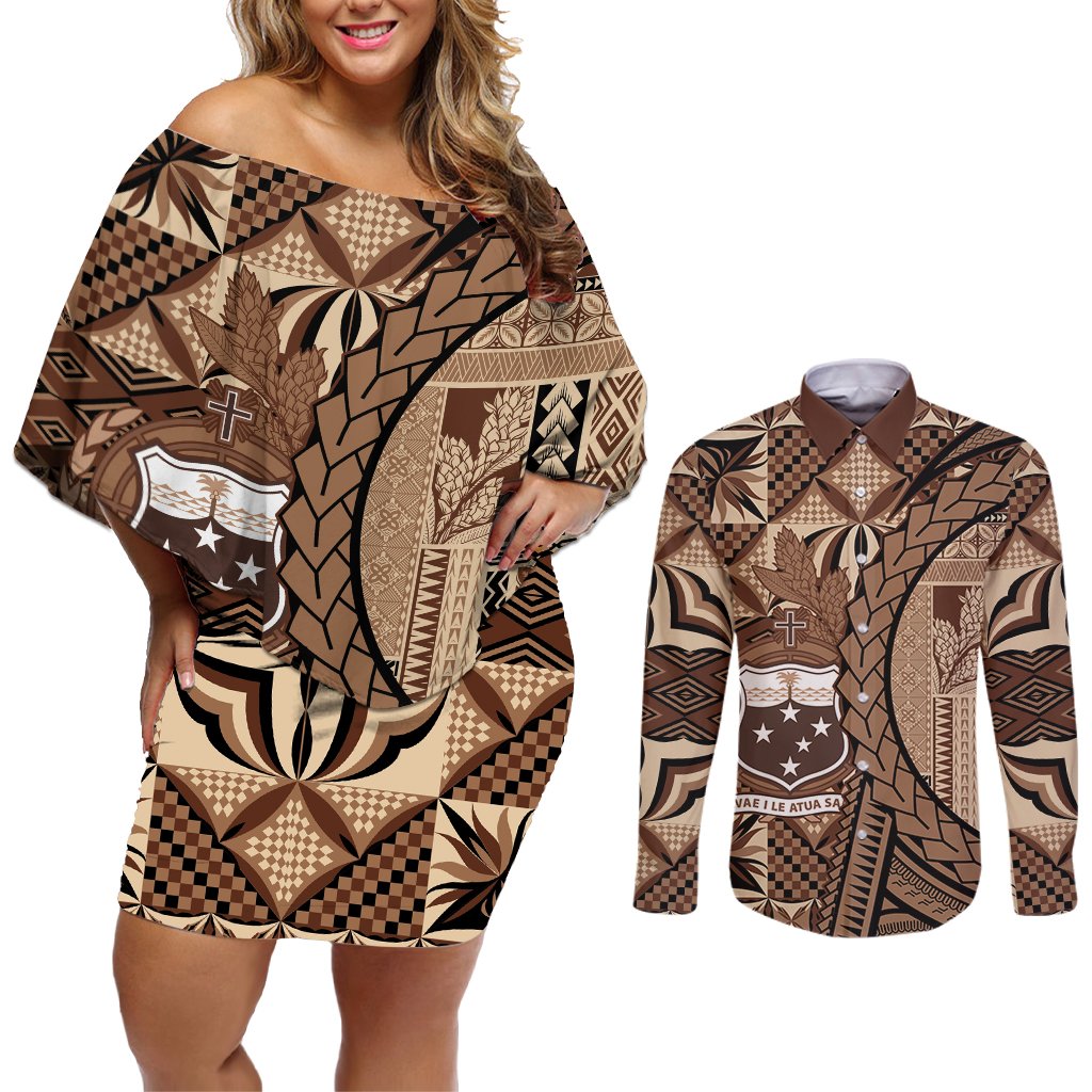 Samoa Siapo Couples Matching Off Shoulder Short Dress and Long Sleeve Button Shirt Happy Independence Day Vintage Vibes LT14 Brown - Polynesian Pride