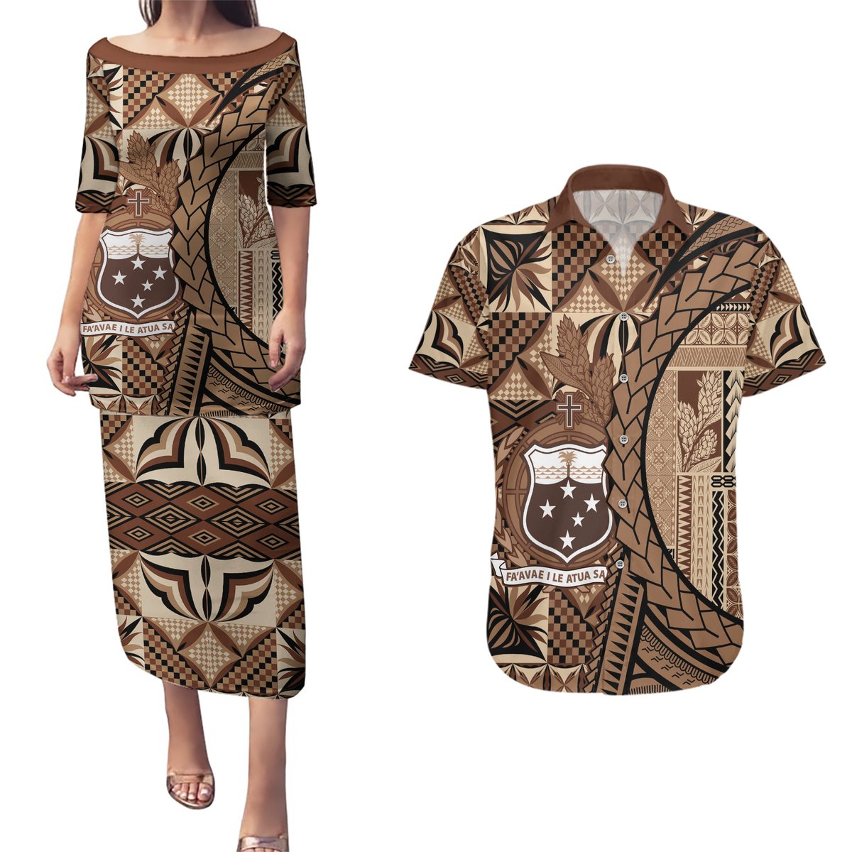 Samoa Siapo Couples Matching Puletasi and Hawaiian Shirt Happy Independence Day Vintage Vibes LT14 Brown - Polynesian Pride