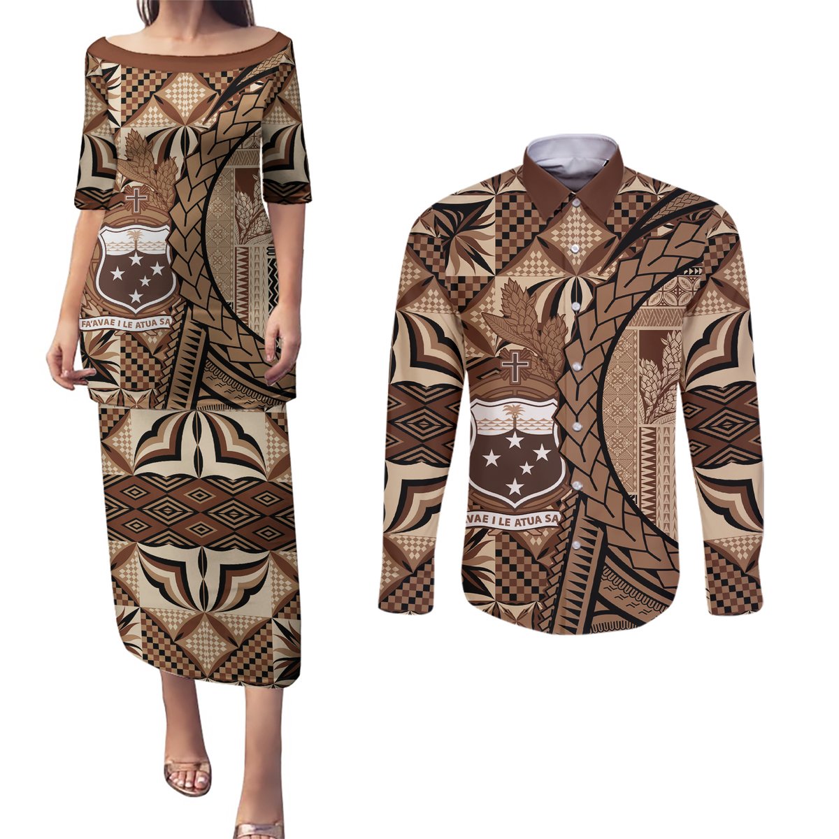 Samoa Siapo Couples Matching Puletasi and Long Sleeve Button Shirt Happy Independence Day Vintage Vibes LT14 Brown - Polynesian Pride