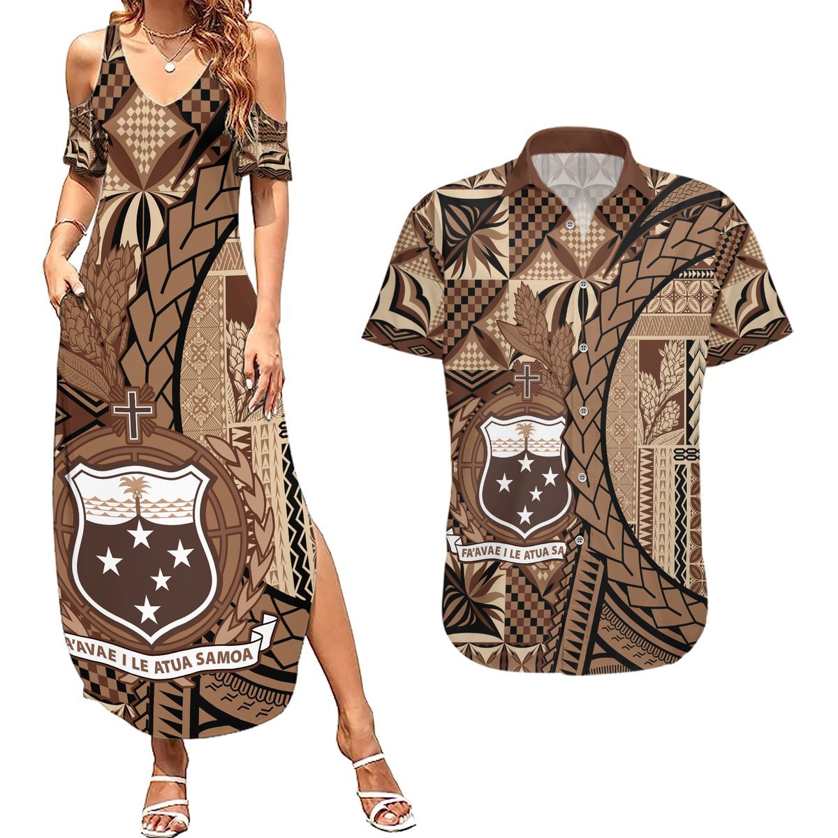Samoa Siapo Couples Matching Summer Maxi Dress and Hawaiian Shirt Happy Independence Day Vintage Vibes LT14 Brown - Polynesian Pride