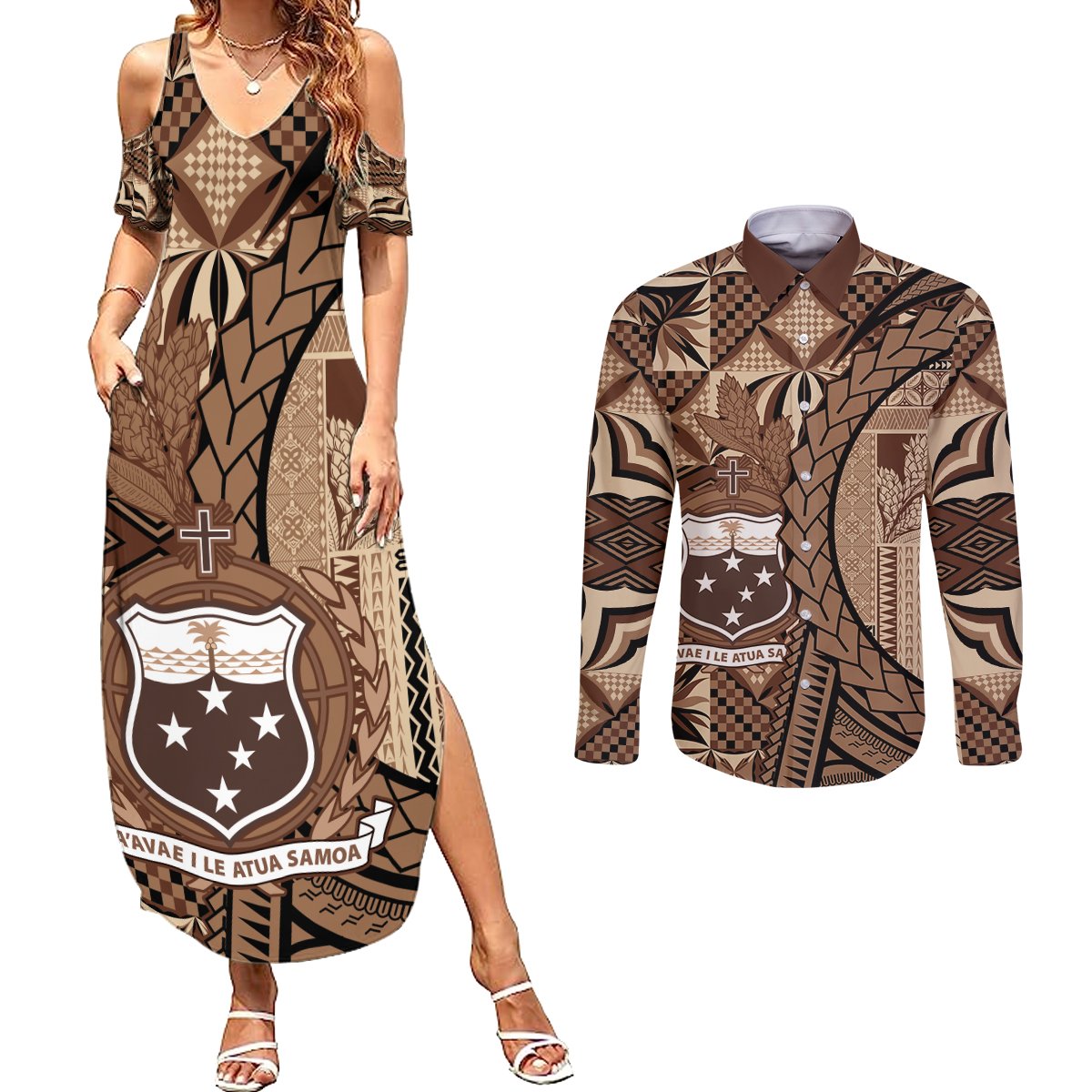 Samoa Siapo Couples Matching Summer Maxi Dress and Long Sleeve Button Shirt Happy Independence Day Vintage Vibes LT14 Brown - Polynesian Pride