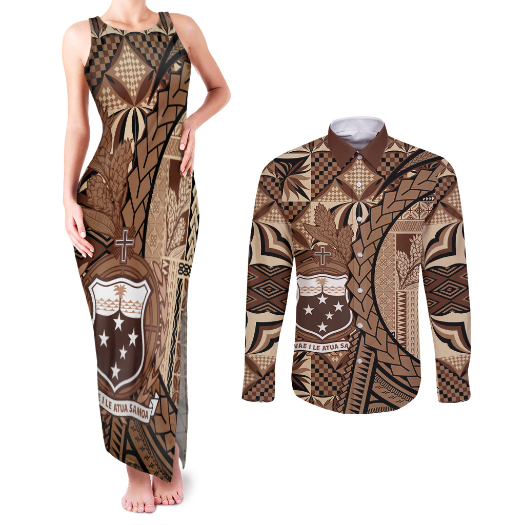 Samoa Siapo Couples Matching Tank Maxi Dress and Long Sleeve Button Shirt Happy Independence Day Vintage Vibes LT14 Brown - Polynesian Pride