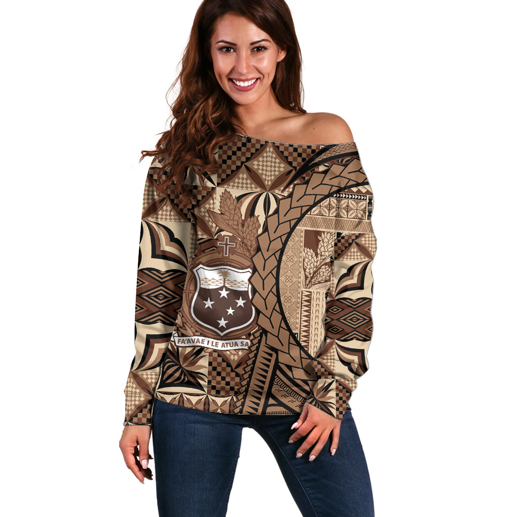 Samoa Siapo Off Shoulder Sweater Happy Independence Day Vintage Vibes LT14 Women Brown - Polynesian Pride