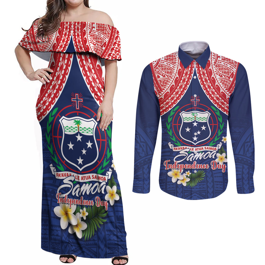 Samoan Independence Day Couples Matching Off Shoulder Maxi Dress and Long Sleeve Button Shirt Manuia Le Tutoatasi O Samoa LT14 Blue - Polynesian Pride