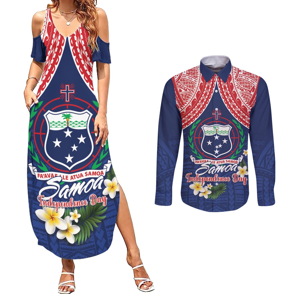 Samoan Independence Day Couples Matching Summer Maxi Dress and Long Sleeve Button Shirt Manuia Le Tutoatasi O Samoa LT14 Blue - Polynesian Pride