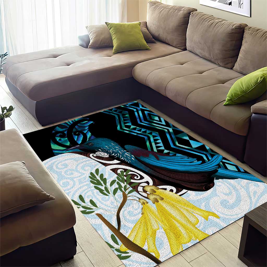 New Zealand Silver Fern Tui Bird Area Rug Maori Kowhai Paua Shell Taniko Motifs
