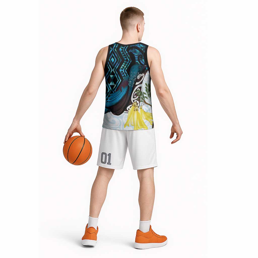 New Zealand Silver Fern Tui Bird Basketball Jersey Maori Kowhai Paua Shell Taniko Motifs - Polynesian Pride