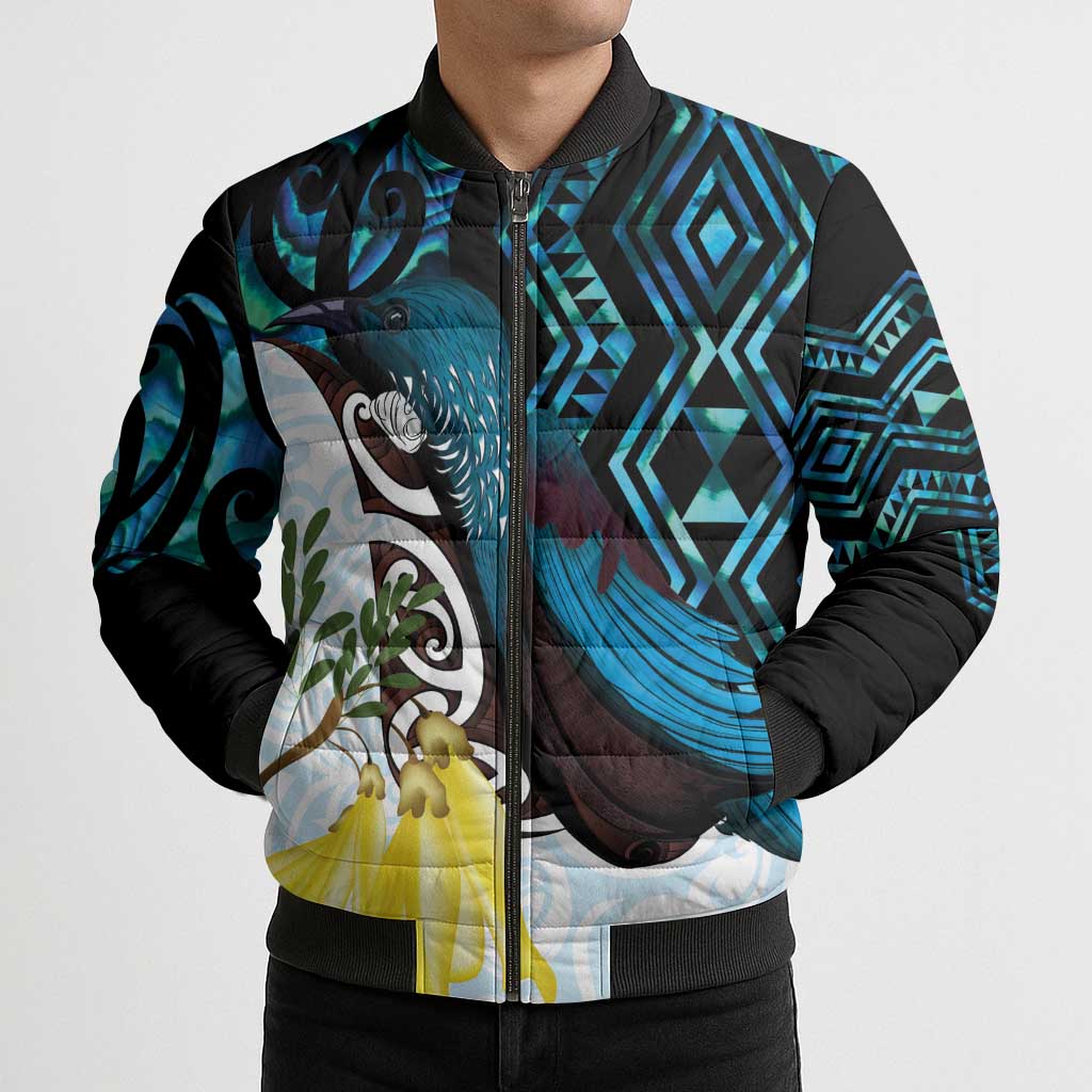 New Zealand Silver Fern Tui Bird Bomber Puffer Jacket Maori Kowhai Paua Shell Taniko Motifs - Polynesian Pride