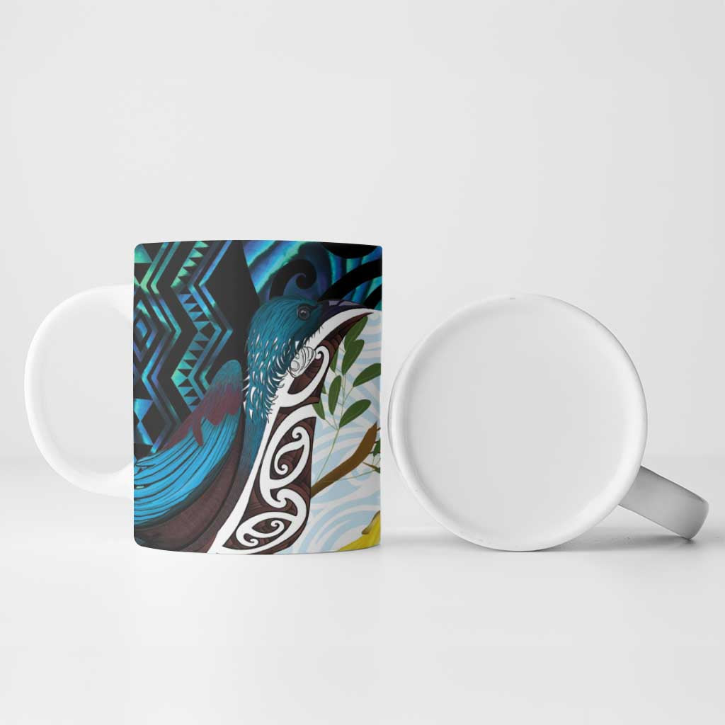 New Zealand Silver Fern Tui Bird Ceramic Mug Maori Kowhai Paua Shell Taniko Motifs - Polynesian Pride