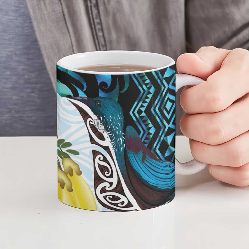 New Zealand Silver Fern Tui Bird Ceramic Mug Maori Kowhai Paua Shell Taniko Motifs - Polynesian Pride