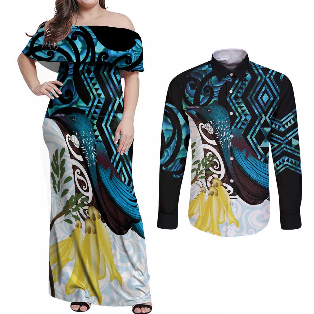 New Zealand Silver Fern Tui Bird Couples Matching Off Shoulder Maxi Dress and Long Sleeve Button Shirt Maori Kowhai Paua Shell Taniko Motifs