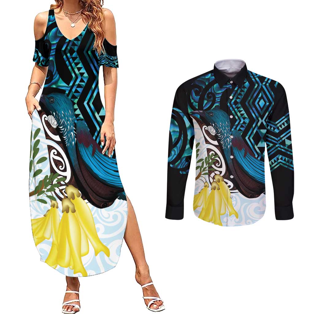 New Zealand Silver Fern Tui Bird Couples Matching Summer Maxi Dress and Long Sleeve Button Shirt Maori Kowhai Paua Shell Taniko Motifs